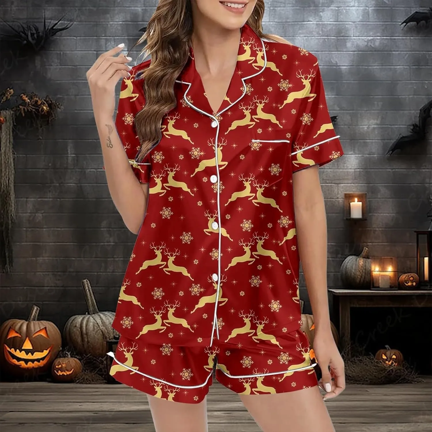 Women 2 Piece Pajamas Set Women's Pajamas Pattern Print Cute Pajamas Button Short Sleeve Top Shorts Set Pjs
