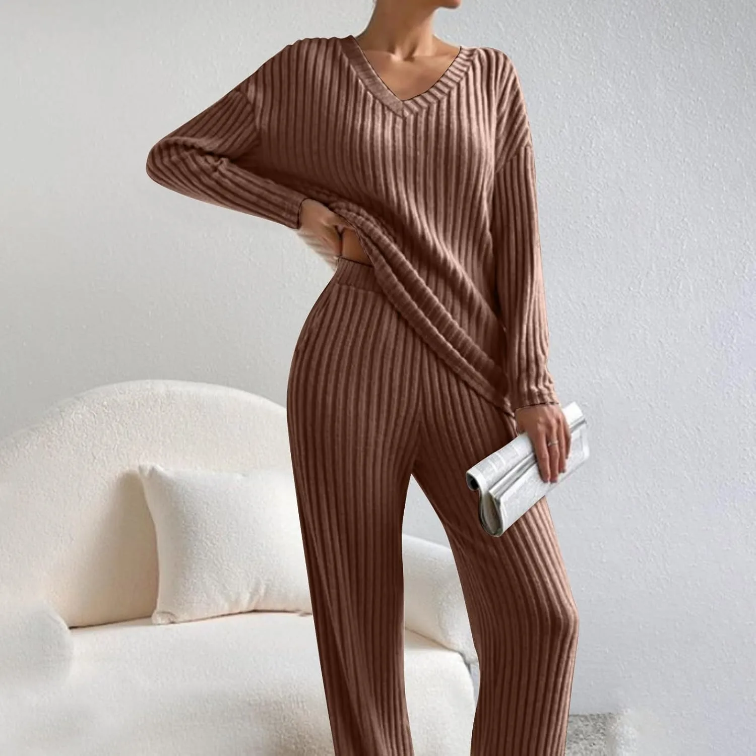 Women 2 Piece Spring Fall Knit Outfits Long Sleeve Crewneck Tops and Wide Leg Pants Set Solid Color Tracksuit Sets