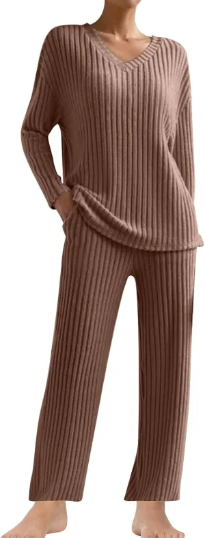 Women 2 Piece Spring Fall Knit Outfits Long Sleeve Crewneck Tops and Wide Leg Pants Set Solid Color Tracksuit Sets