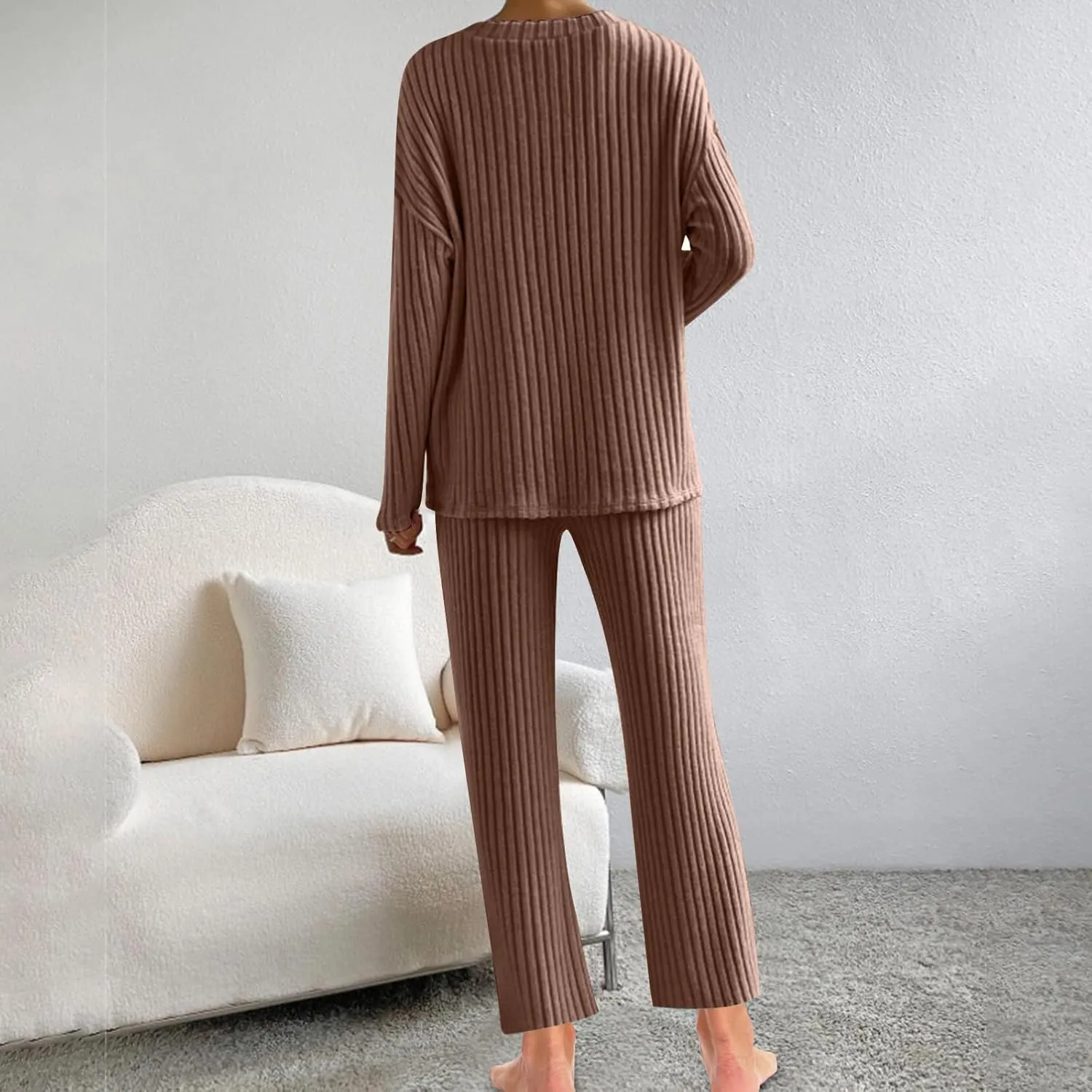 Women 2 Piece Spring Fall Knit Outfits Long Sleeve Crewneck Tops and Wide Leg Pants Set Solid Color Tracksuit Sets