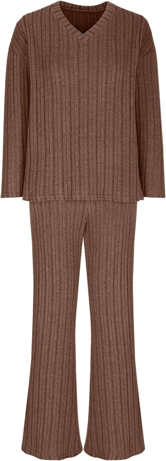 Women 2 Piece Spring Fall Knit Outfits Long Sleeve Crewneck Tops and Wide Leg Pants Set Solid Color Tracksuit Sets