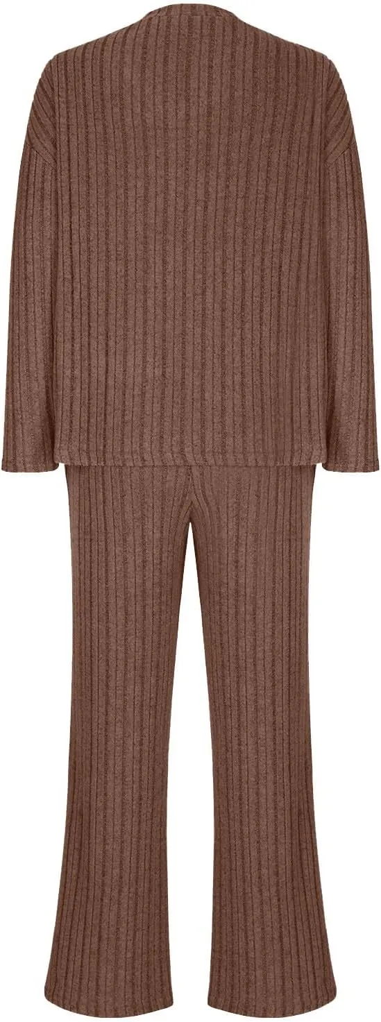 Women 2 Piece Spring Fall Knit Outfits Long Sleeve Crewneck Tops and Wide Leg Pants Set Solid Color Tracksuit Sets