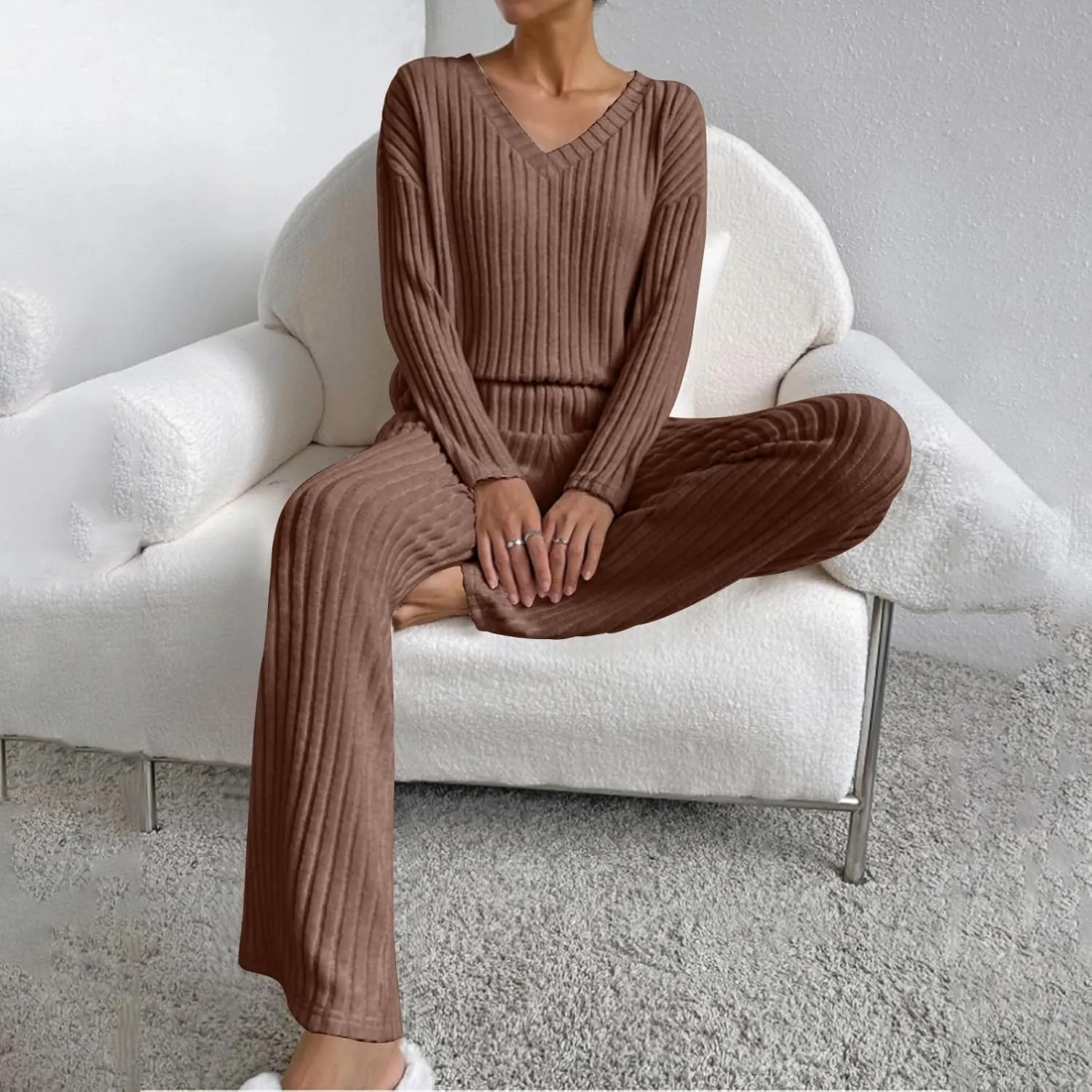 Women 2 Piece Spring Fall Knit Outfits Long Sleeve Crewneck Tops and Wide Leg Pants Set Solid Color Tracksuit Sets