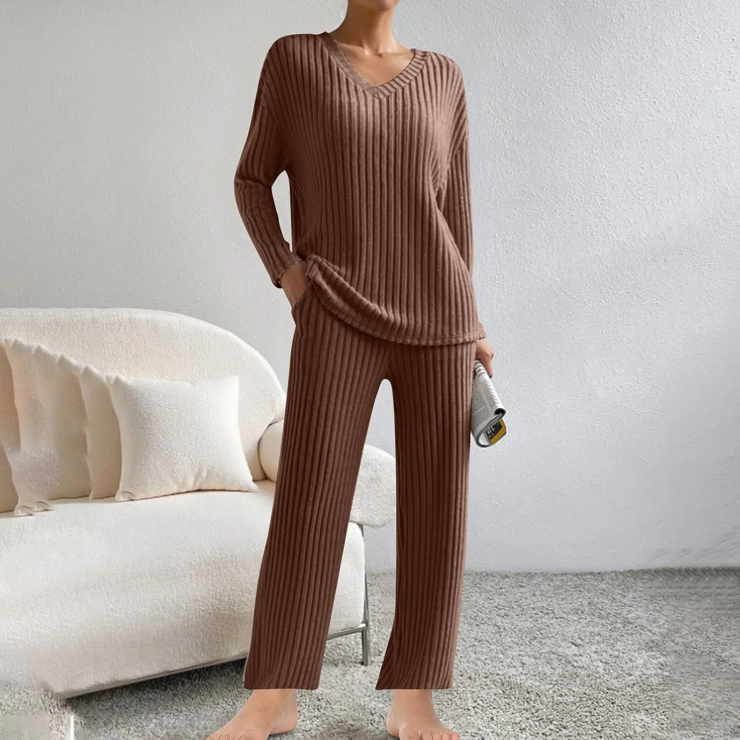 Women 2 Piece Spring Fall Knit Outfits Long Sleeve Crewneck Tops and Wide Leg Pants Set Solid Color Tracksuit Sets