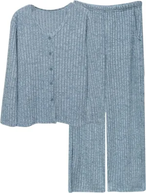 Women 2 Piece Sweater Sets Casual Button Knit Pullover and Wide Leg Pants Lounge Sets Soft Sweatsuits Tracksuits