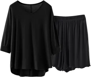 Women 3/4 Sleeve Pajamas Set Modal Cotton 2 Piece Outfit Sleepwear V Neck T-Shirt and Lettuce Trim Shorts Homewear