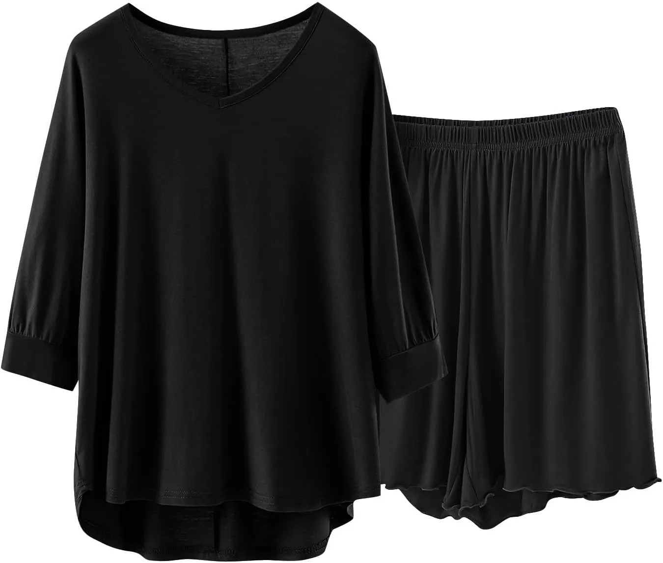Women 3/4 Sleeve Pajamas Set Modal Cotton 2 Piece Outfit Sleepwear V Neck T-Shirt and Lettuce Trim Shorts Homewear