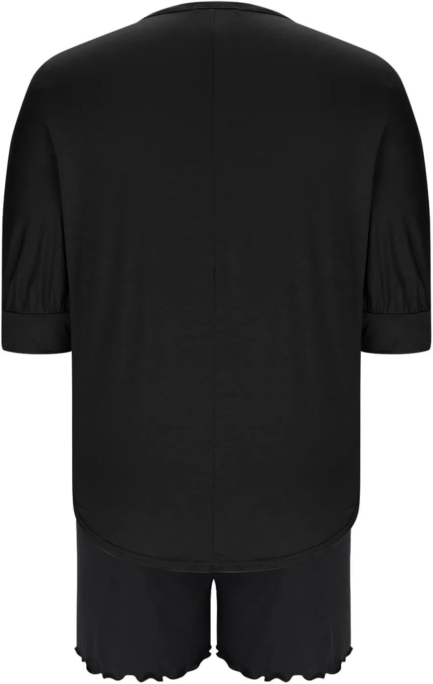 Women 3/4 Sleeve Pajamas Set Modal Cotton 2 Piece Outfit Sleepwear V Neck T-Shirt and Lettuce Trim Shorts Homewear