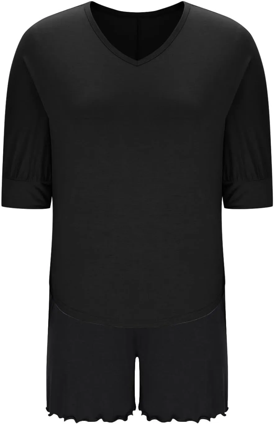 Women 3/4 Sleeve Pajamas Set Modal Cotton 2 Piece Outfit Sleepwear V Neck T-Shirt and Lettuce Trim Shorts Homewear