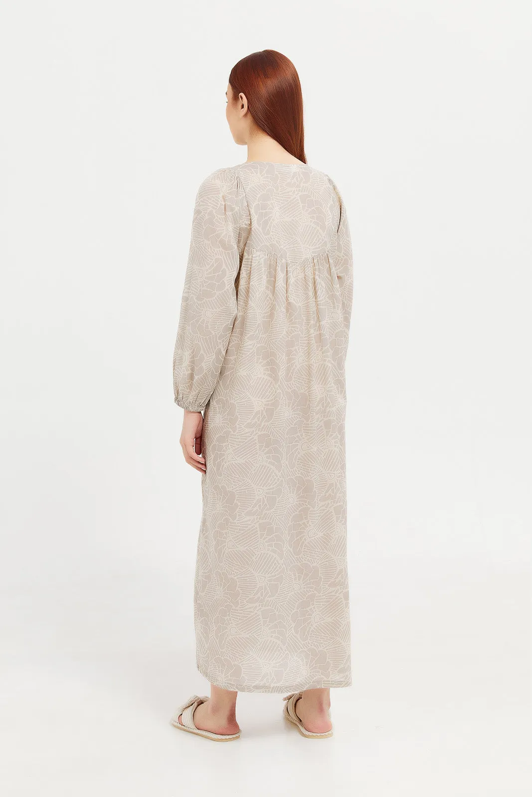 Women Beige Printed Long Sleeves Nightgown