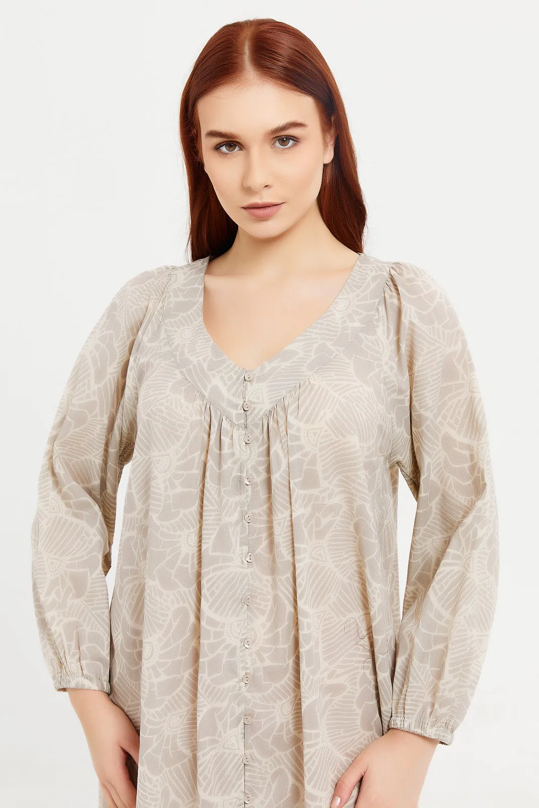Women Beige Printed Long Sleeves Nightgown