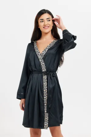 Women Black Embellished Robe