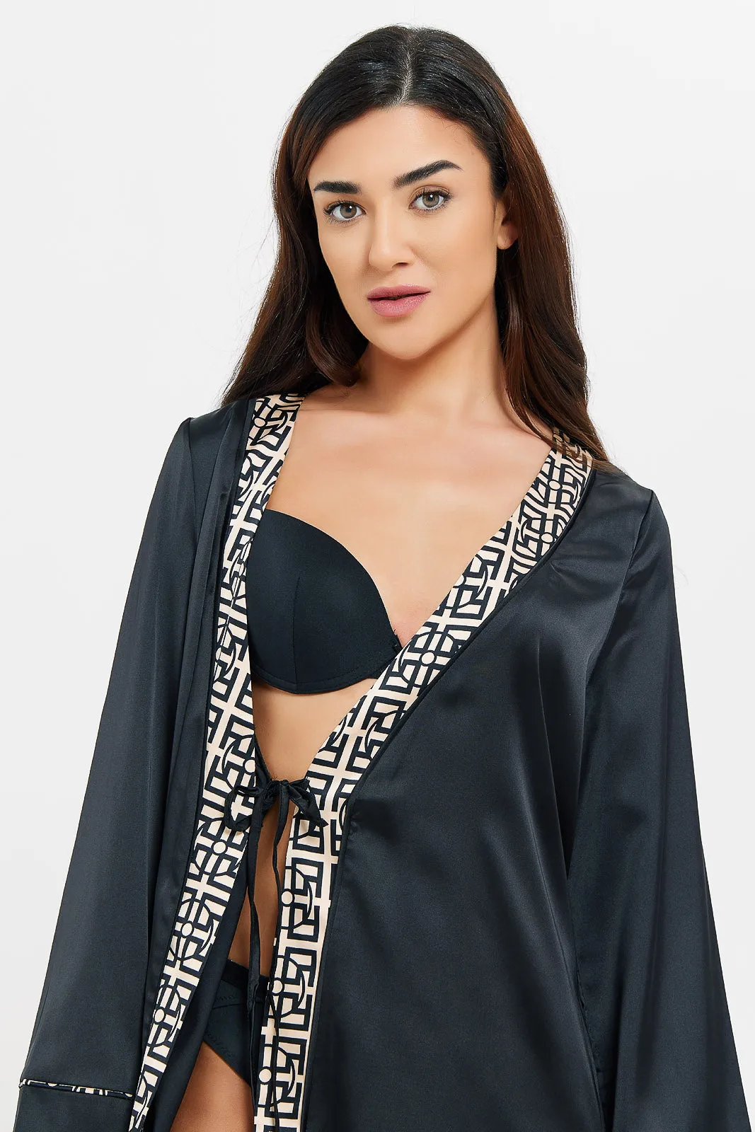 Women Black Embellished Robe