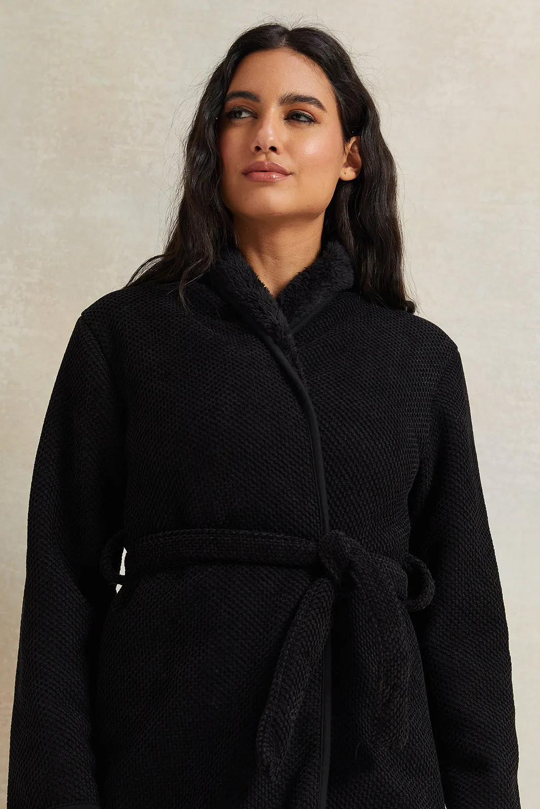 Women Black Waffle Fur Robe