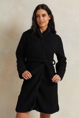 Women Black Waffle Fur Robe