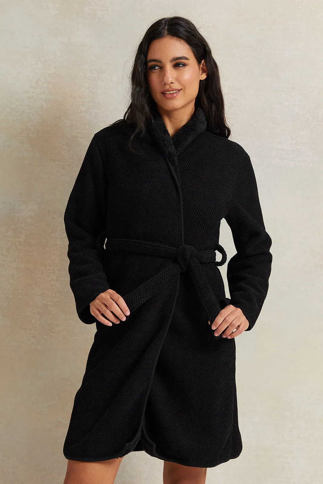 Women Black Waffle Fur Robe