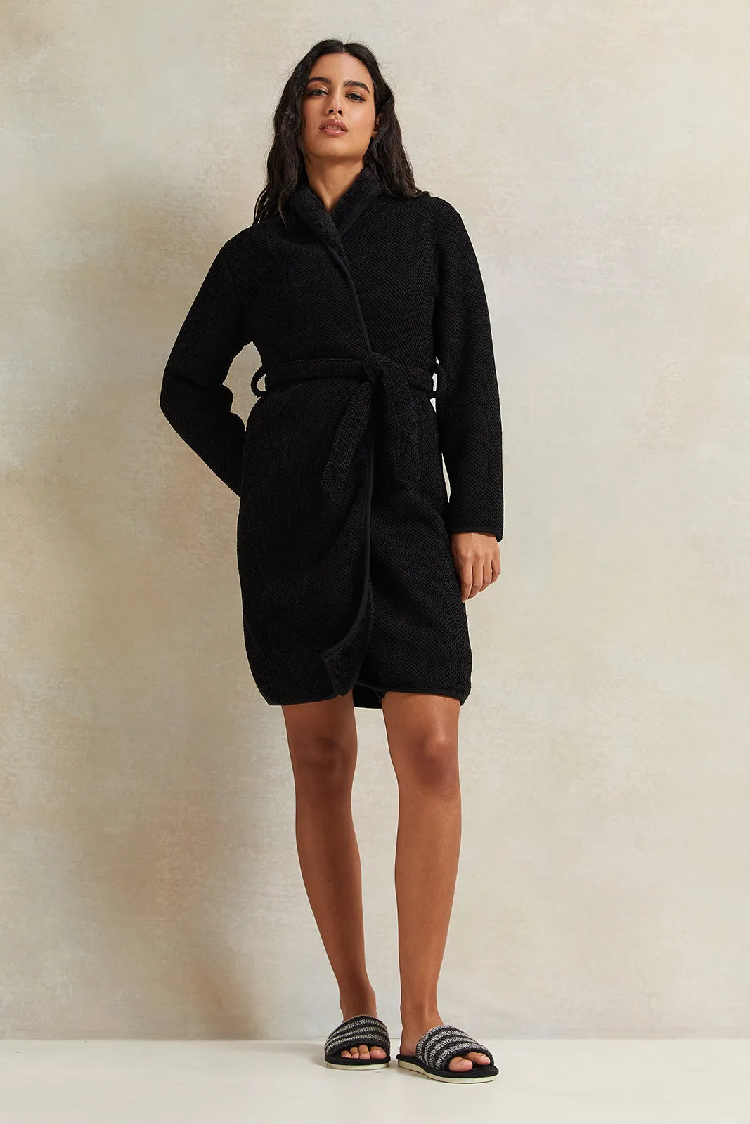 Women Black Waffle Fur Robe