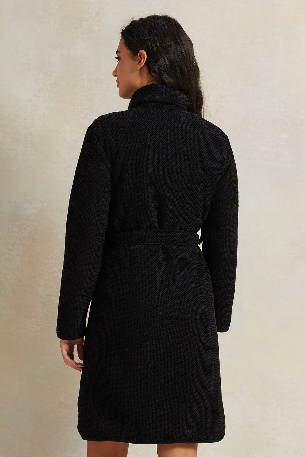 Women Black Waffle Fur Robe