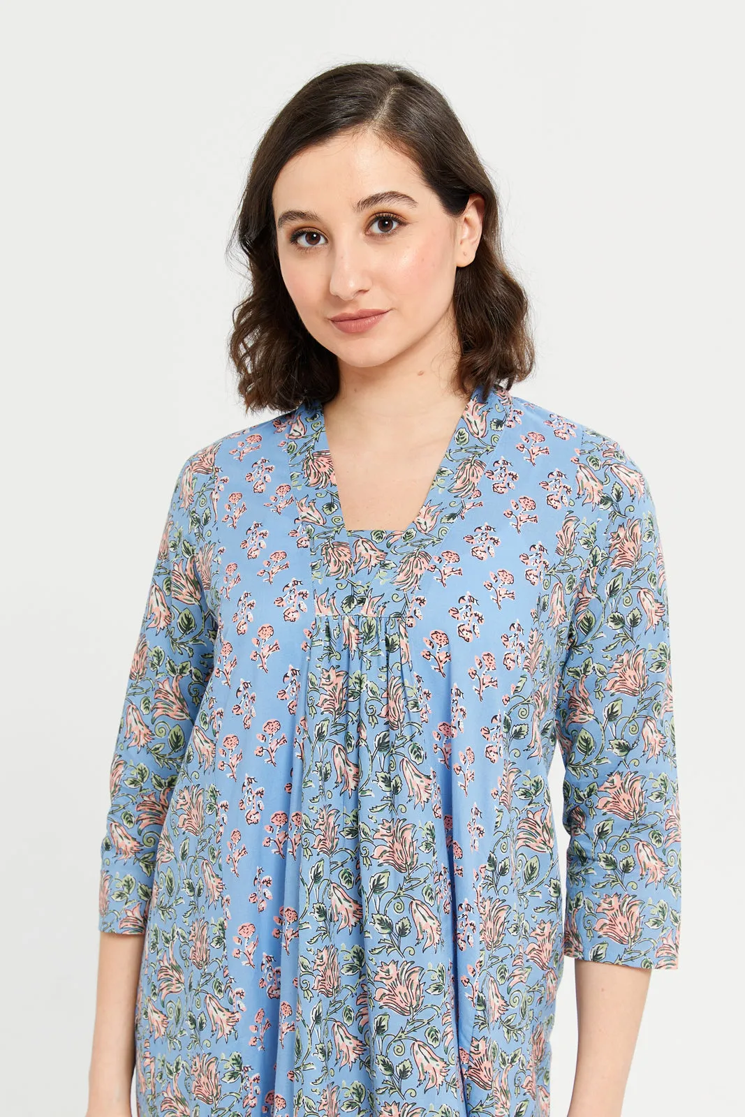 Women Blue Printed 3/4 Sleeves Nightgown