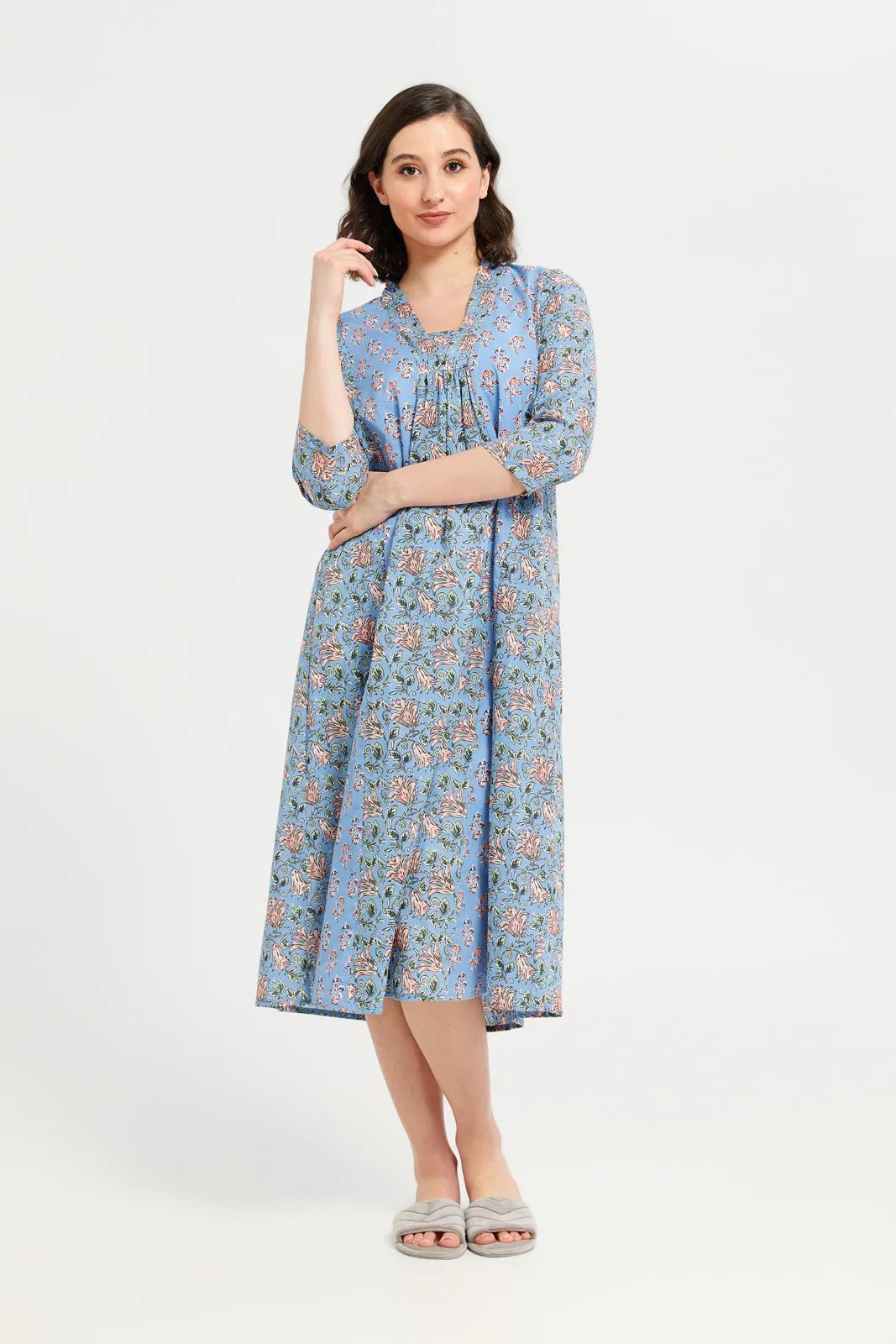 Women Blue Printed 3/4 Sleeves Nightgown