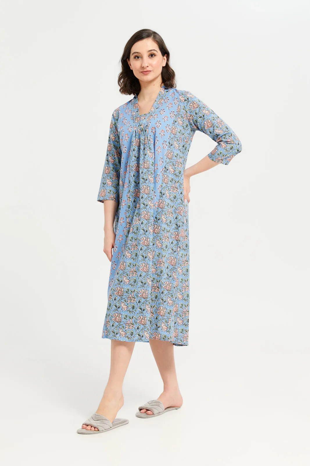 Women Blue Printed 3/4 Sleeves Nightgown