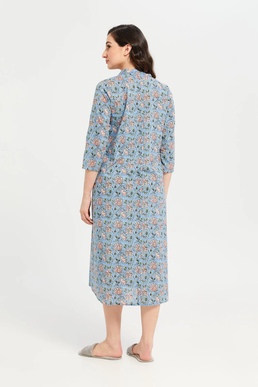 Women Blue Printed 3/4 Sleeves Nightgown