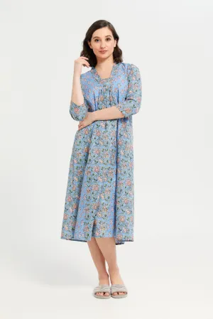 Women Blue Printed 3/4 Sleeves Nightgown