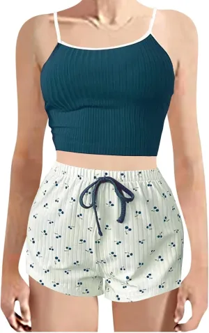 Women Cami Pajama Sets 2 Piece Ribbed Y2K Pjs Sleeveless Knit Lingerie Cmisole and Floarl Shorts Sleepwear Lounge Set