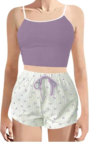 Women Cami Pajama Sets 2 Piece Ribbed Y2K Pjs Sleeveless Knit Lingerie Cmisole and Floarl Shorts Sleepwear Lounge Set