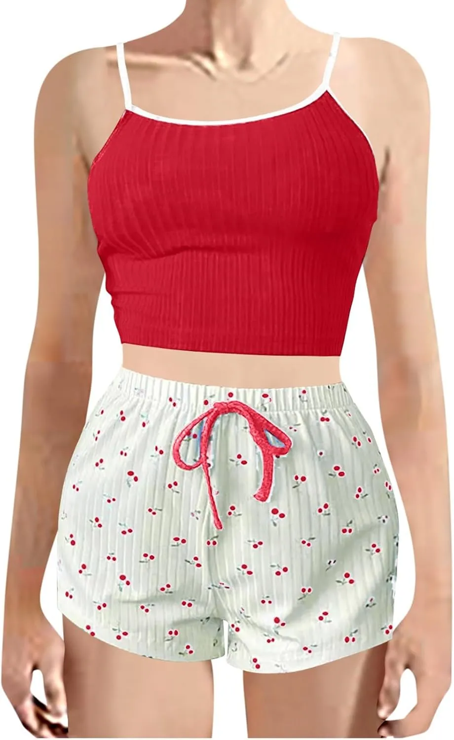 Women Cami Pajama Sets 2 Piece Ribbed Y2K Pjs Sleeveless Knit Lingerie Cmisole and Floarl Shorts Sleepwear Lounge Set