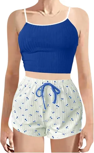 Women Cami Pajama Sets 2 Piece Ribbed Y2K Pjs Sleeveless Knit Lingerie Cmisole and Floarl Shorts Sleepwear Lounge Set