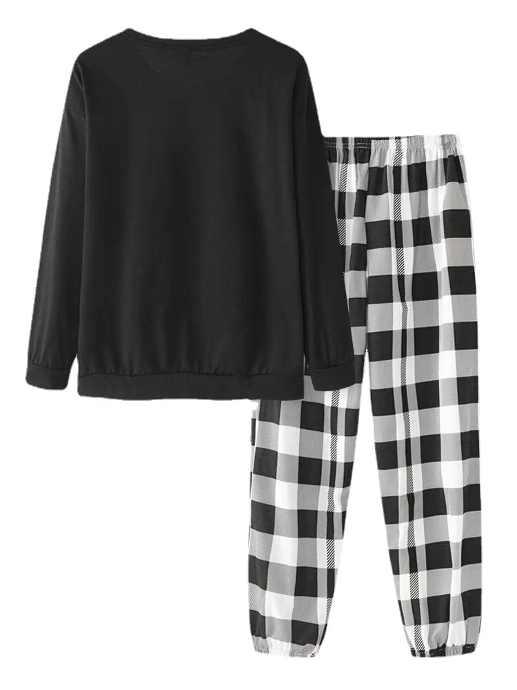Women Cartoon Astronaut Print Round Neck Cotton Pajamas Sets With Cuffed Check Pants