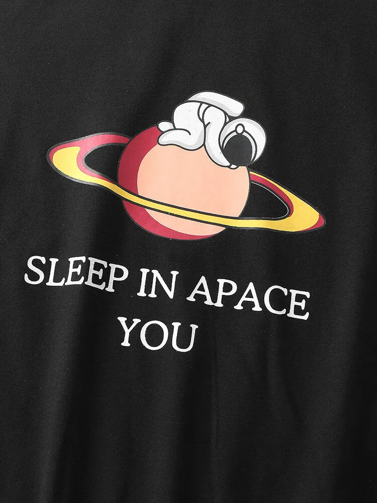 Women Cartoon Astronaut Print Round Neck Cotton Pajamas Sets With Cuffed Check Pants