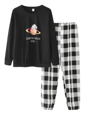 Women Cartoon Astronaut Print Round Neck Cotton Pajamas Sets With Cuffed Check Pants