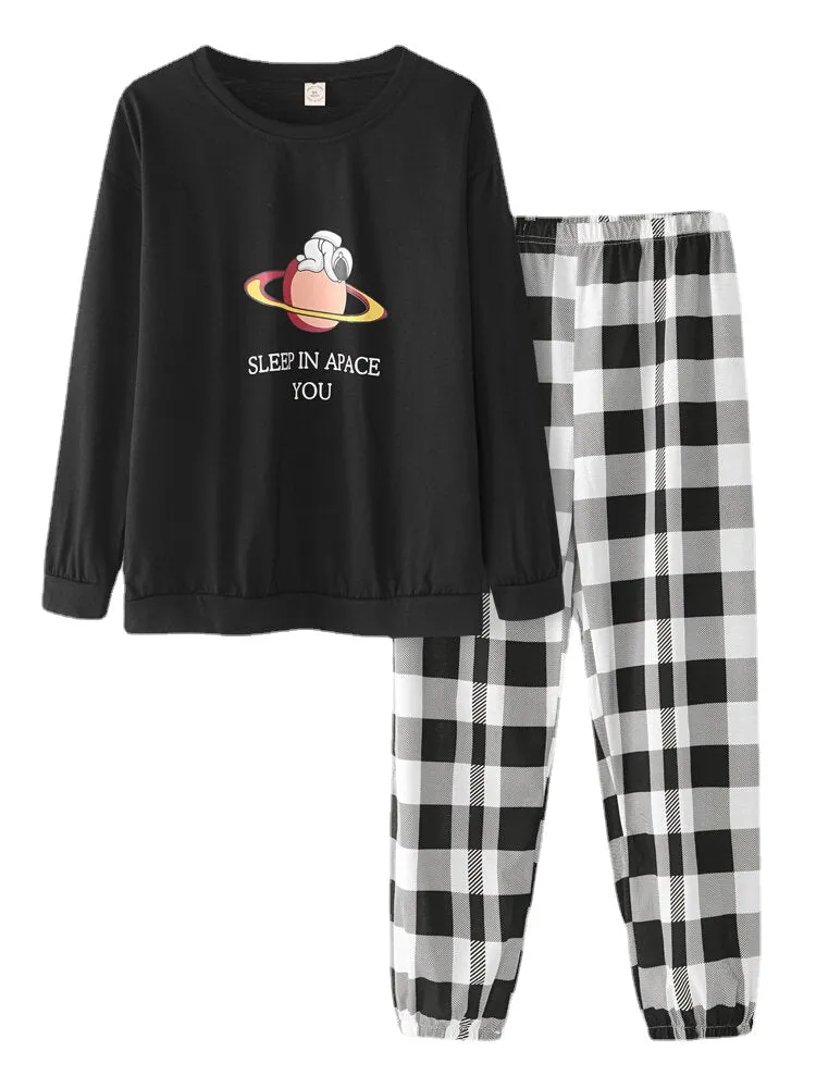 Women Cartoon Astronaut Print Round Neck Cotton Pajamas Sets With Cuffed Check Pants
