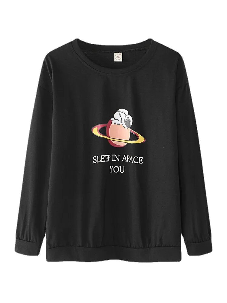 Women Cartoon Astronaut Print Round Neck Cotton Pajamas Sets With Cuffed Check Pants