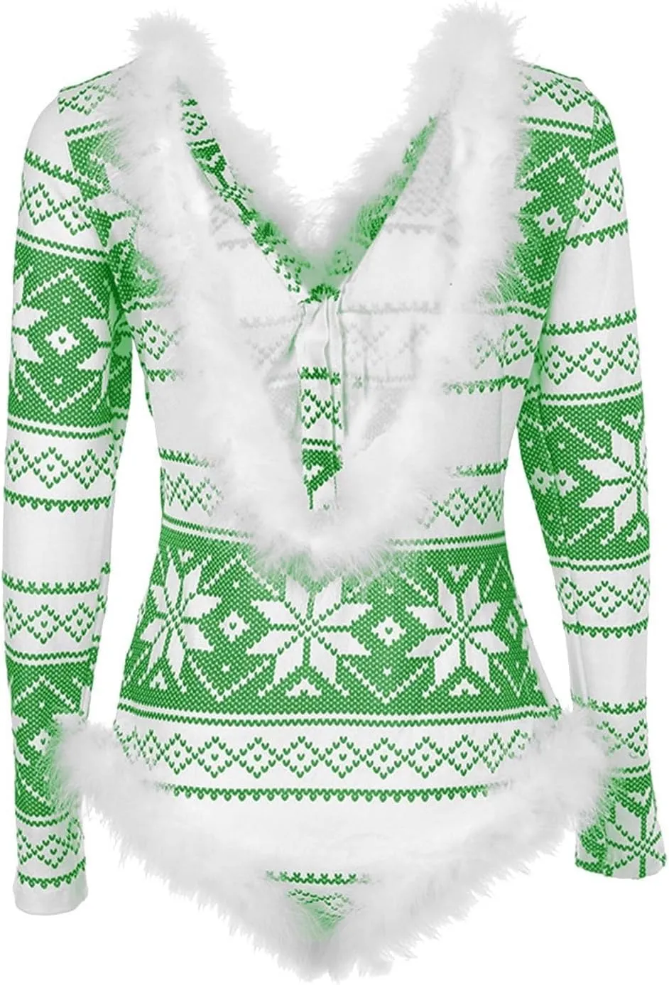 Women Christmas Fuzzy Bodysuit Sexy Bodycon Pajama Deep V Neck Feather Trim Xmas Printed Long Sleeve Onesie Sleepwear