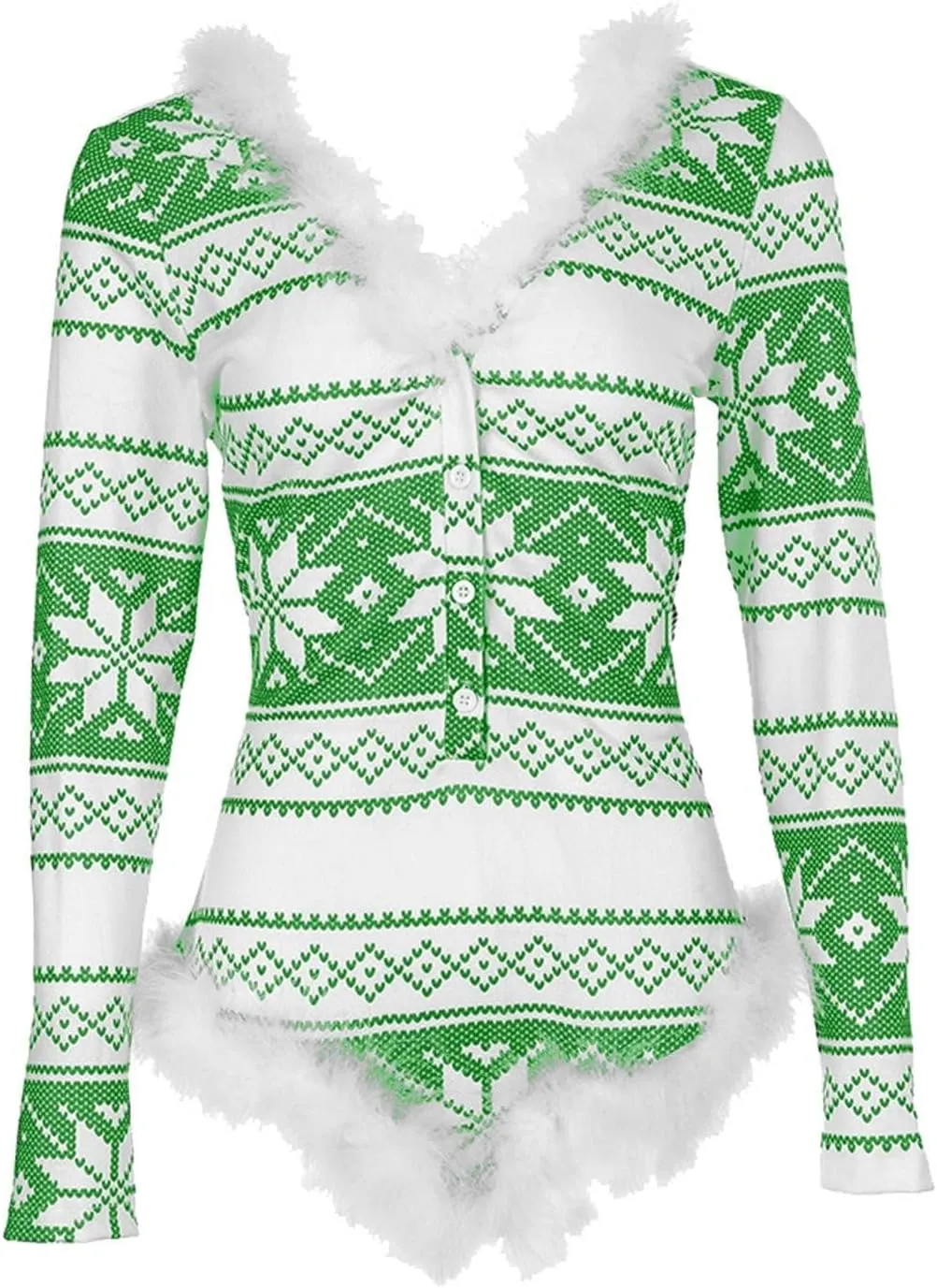 Women Christmas Fuzzy Bodysuit Sexy Bodycon Pajama Deep V Neck Feather Trim Xmas Printed Long Sleeve Onesie Sleepwear