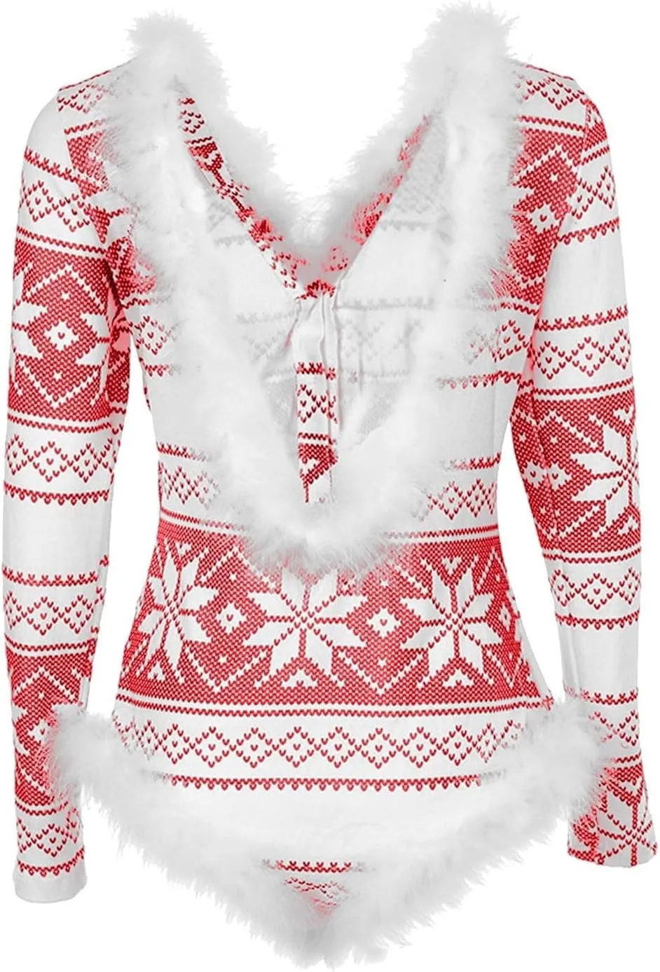 Women Christmas Fuzzy Bodysuit Sexy Bodycon Pajama Deep V Neck Feather Trim Xmas Printed Long Sleeve Onesie Sleepwear