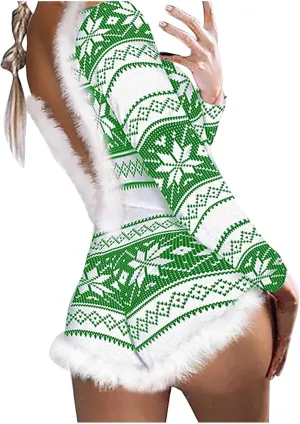 Women Christmas Fuzzy Bodysuit Sexy Bodycon Pajama Deep V Neck Feather Trim Xmas Printed Long Sleeve Onesie Sleepwear