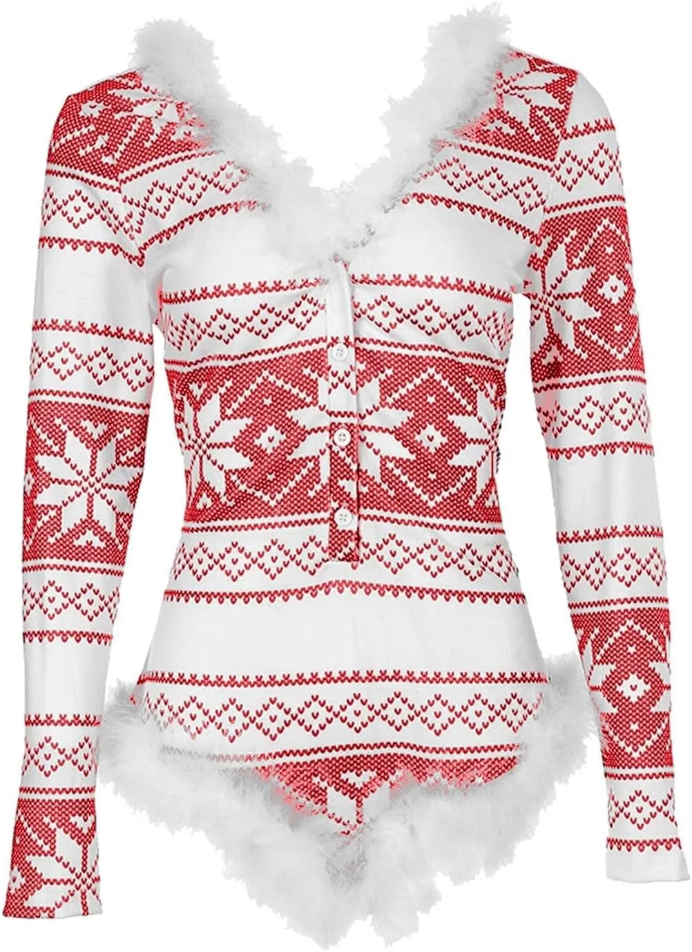 Women Christmas Fuzzy Bodysuit Sexy Bodycon Pajama Deep V Neck Feather Trim Xmas Printed Long Sleeve Onesie Sleepwear