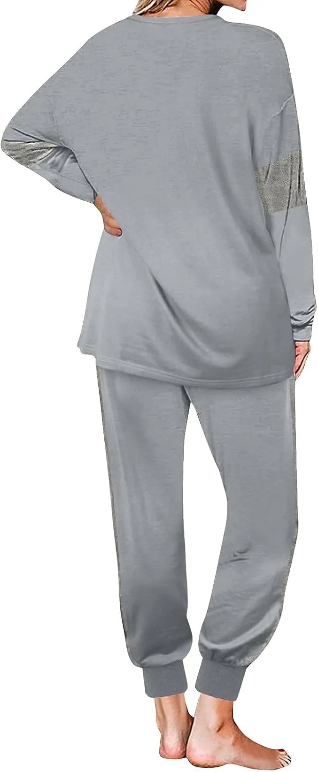 Women Color Block Simple Tracksuit 2 Piece Outfit Comfy Soft Pajama Set Crewneck Long Sleeve Shirts and Jogger Pants