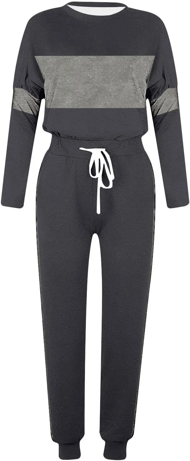 Women Color Block Simple Tracksuit 2 Piece Outfit Comfy Soft Pajama Set Crewneck Long Sleeve Shirts and Jogger Pants