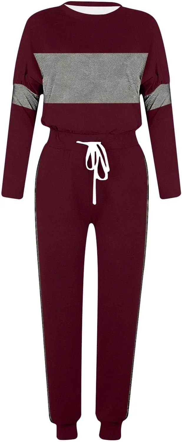 Women Color Block Simple Tracksuit 2 Piece Outfit Comfy Soft Pajama Set Crewneck Long Sleeve Shirts and Jogger Pants