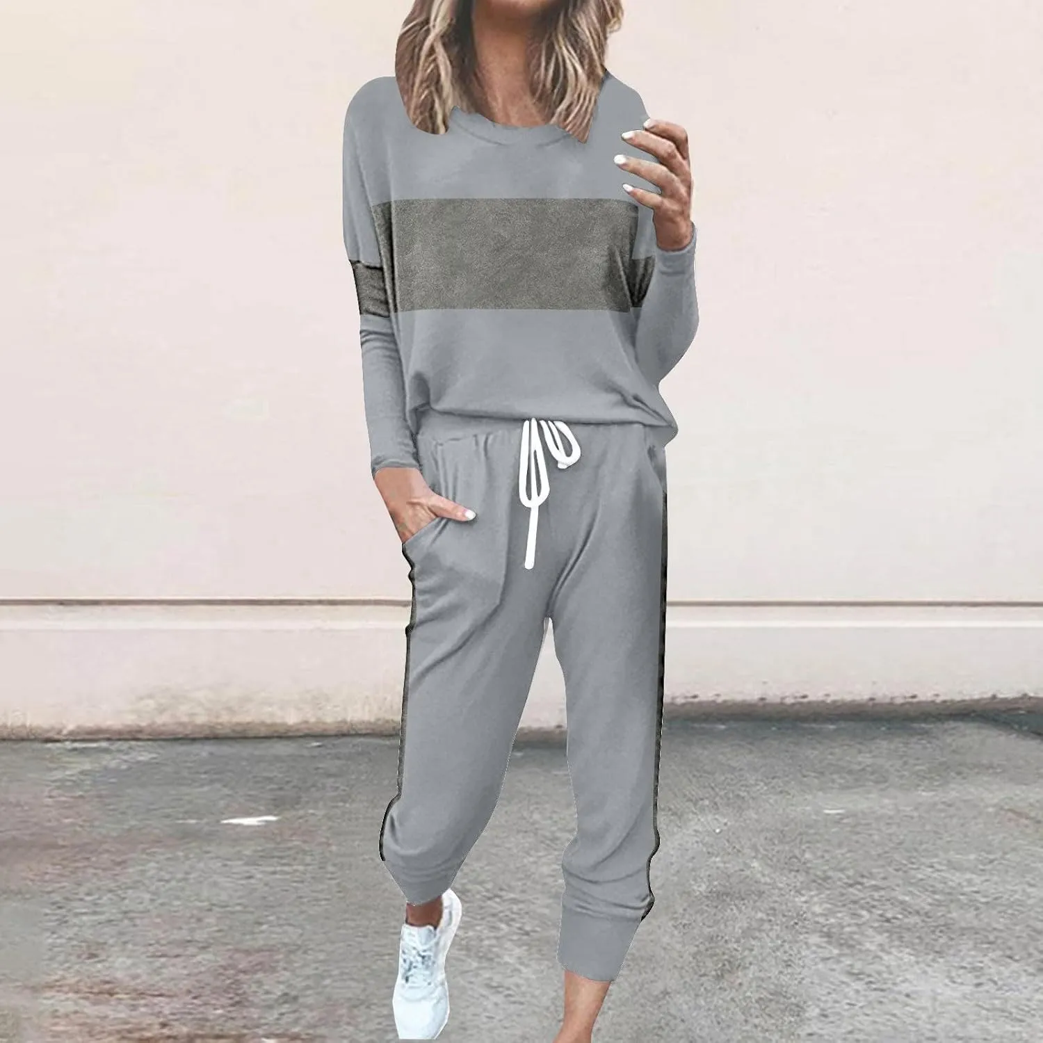 Women Color Block Simple Tracksuit 2 Piece Outfit Comfy Soft Pajama Set Crewneck Long Sleeve Shirts and Jogger Pants
