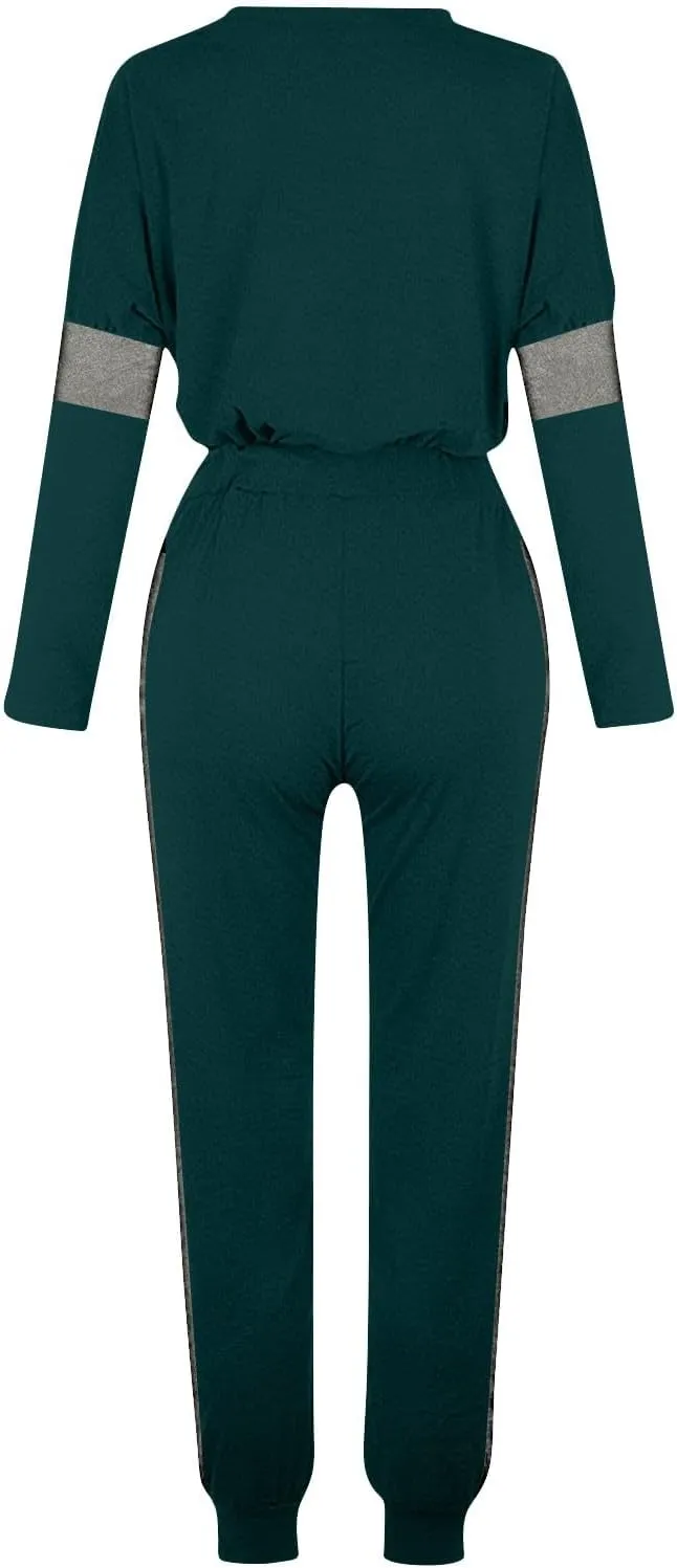 Women Color Block Simple Tracksuit 2 Piece Outfit Comfy Soft Pajama Set Crewneck Long Sleeve Shirts and Jogger Pants