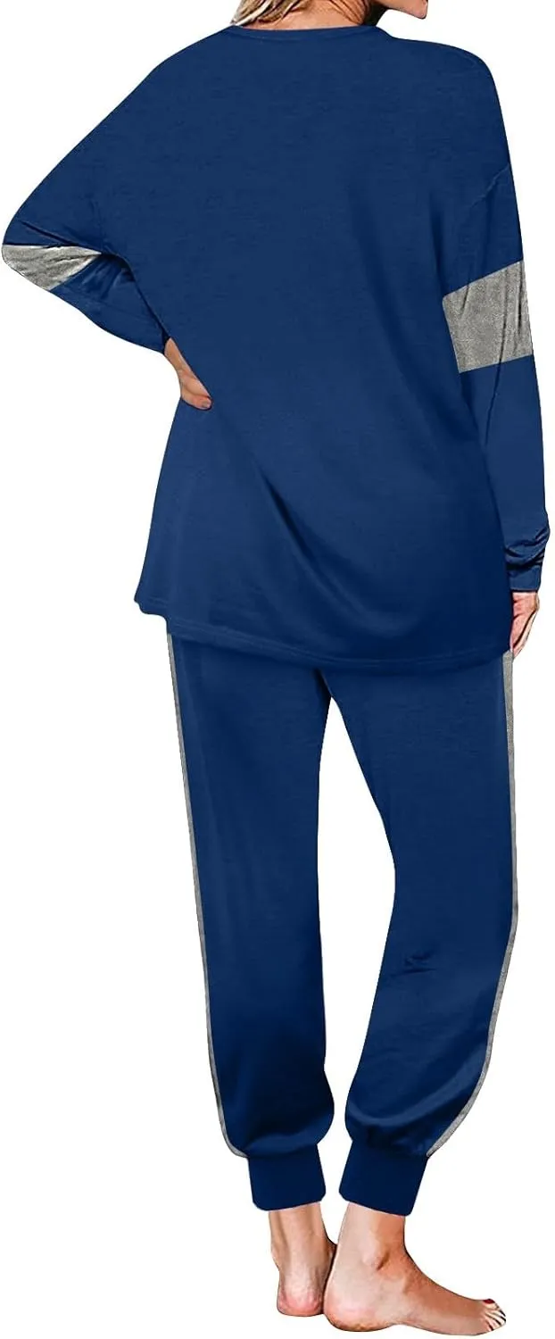 Women Color Block Simple Tracksuit 2 Piece Outfit Comfy Soft Pajama Set Crewneck Long Sleeve Shirts and Jogger Pants