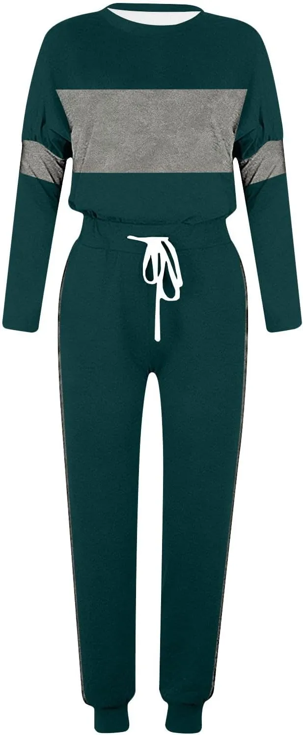 Women Color Block Simple Tracksuit 2 Piece Outfit Comfy Soft Pajama Set Crewneck Long Sleeve Shirts and Jogger Pants