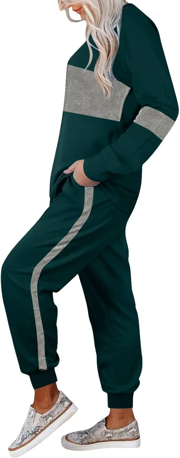 Women Color Block Simple Tracksuit 2 Piece Outfit Comfy Soft Pajama Set Crewneck Long Sleeve Shirts and Jogger Pants