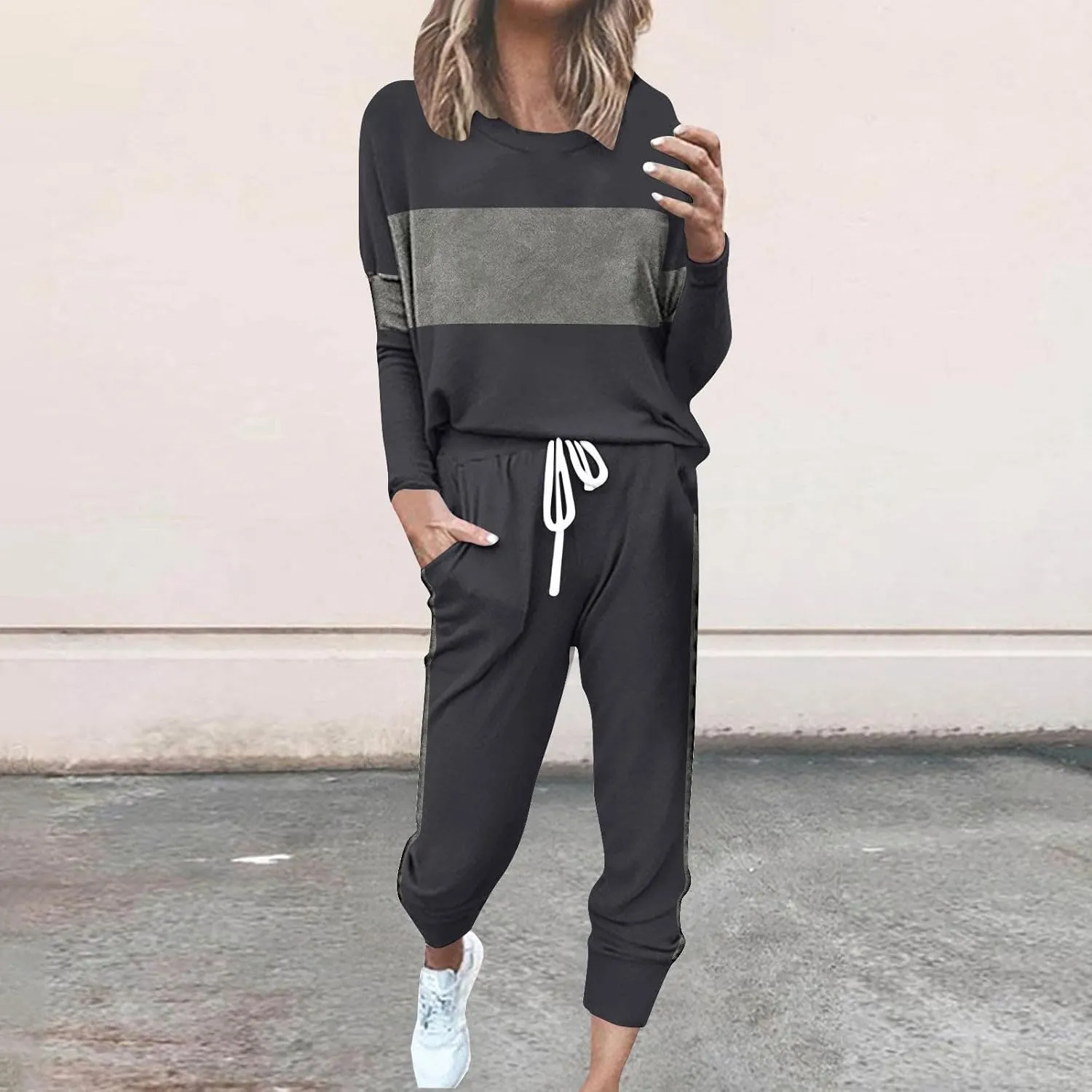 Women Color Block Simple Tracksuit 2 Piece Outfit Comfy Soft Pajama Set Crewneck Long Sleeve Shirts and Jogger Pants